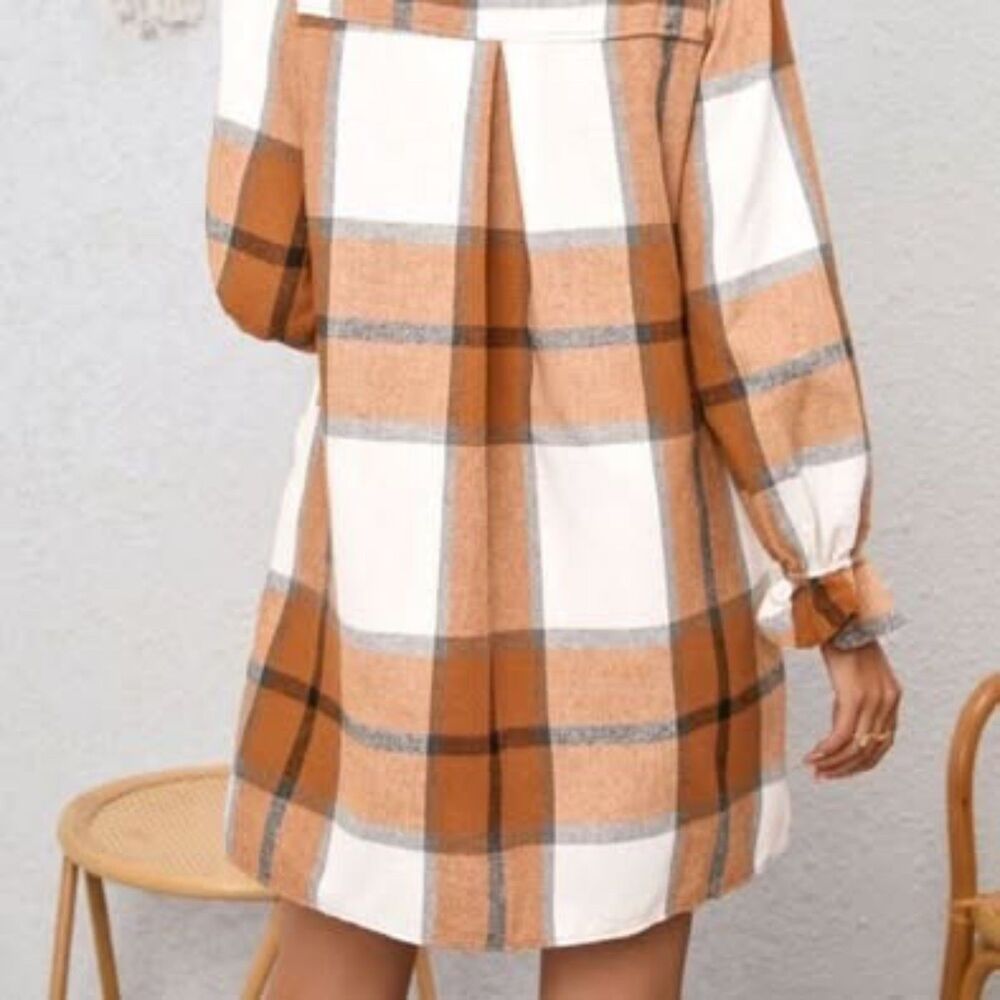 Plaid Button-Front Shirt Dress — Camel / Cream / Charcoal (New)